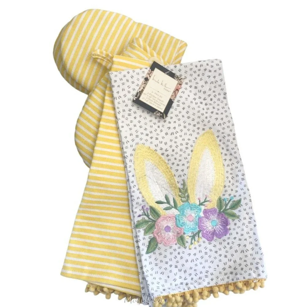 Nicole Miller Dish Towel Mini Oven Mitts Easter Bunny Embroidered Set of 4